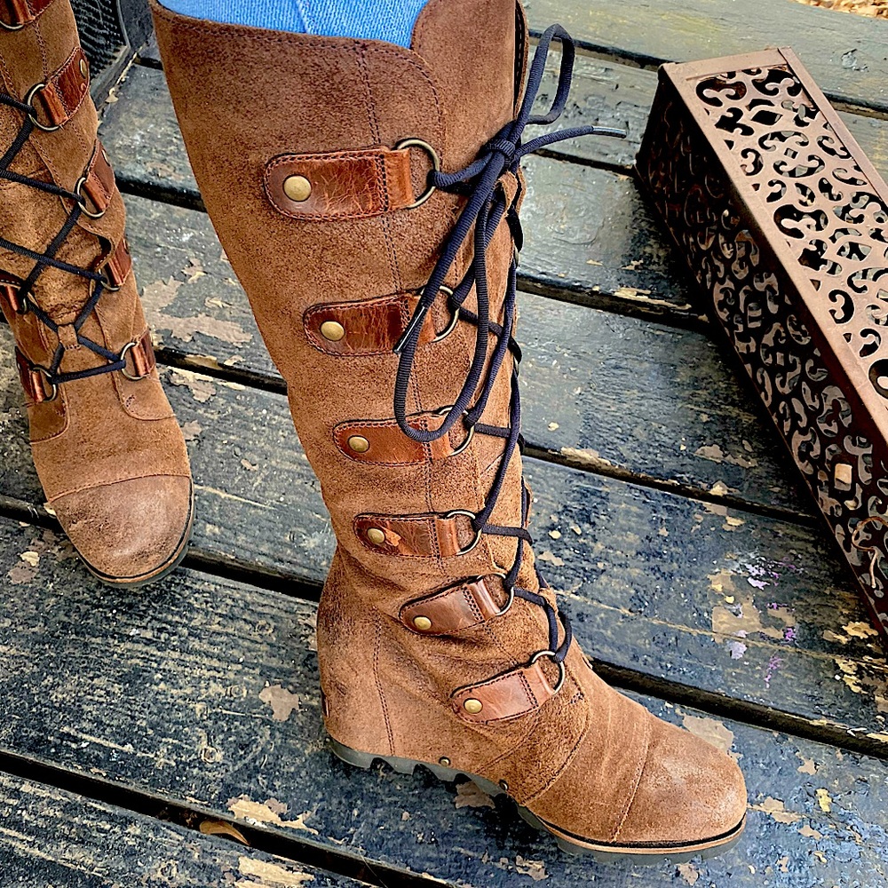 SOREL JOAN OF ARTIC TALL WEDGE BOOTS HAWK BROWN CATE THE GREAT